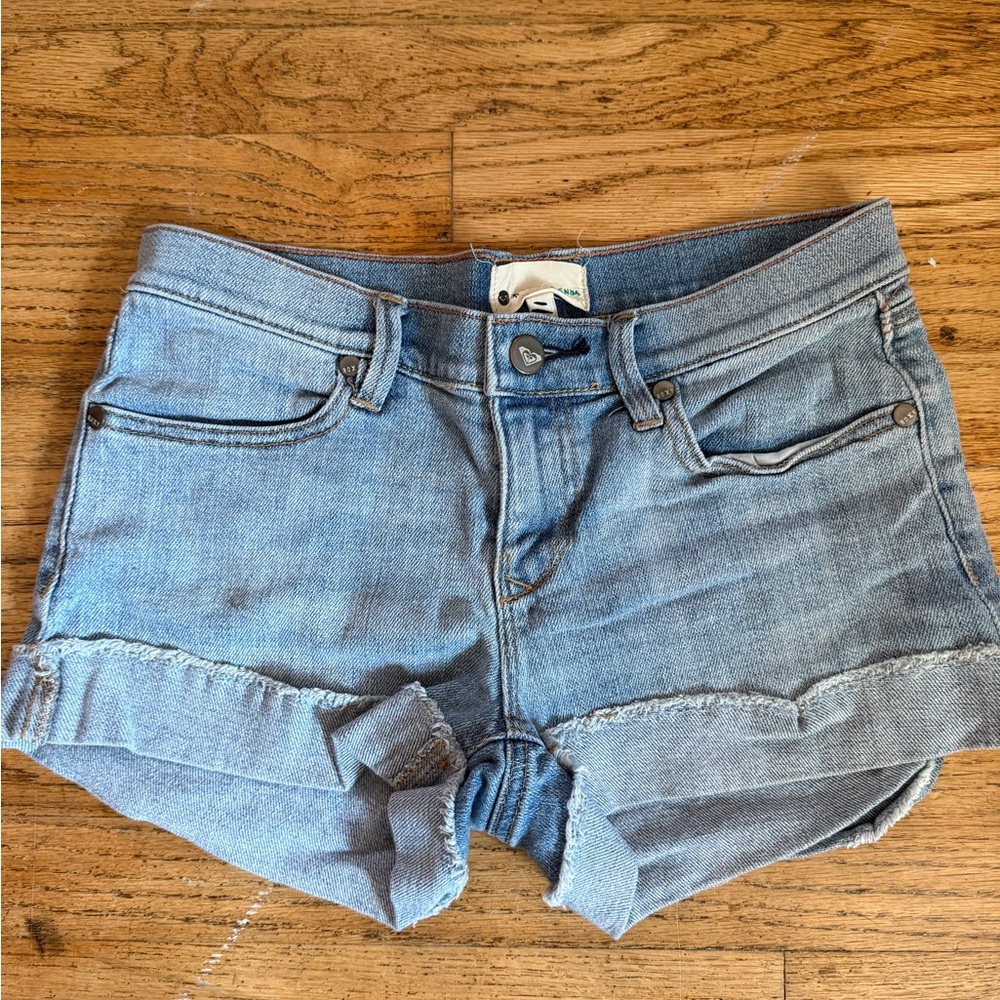 Roxy Light Blue Denim Shorts with Brown Patch
